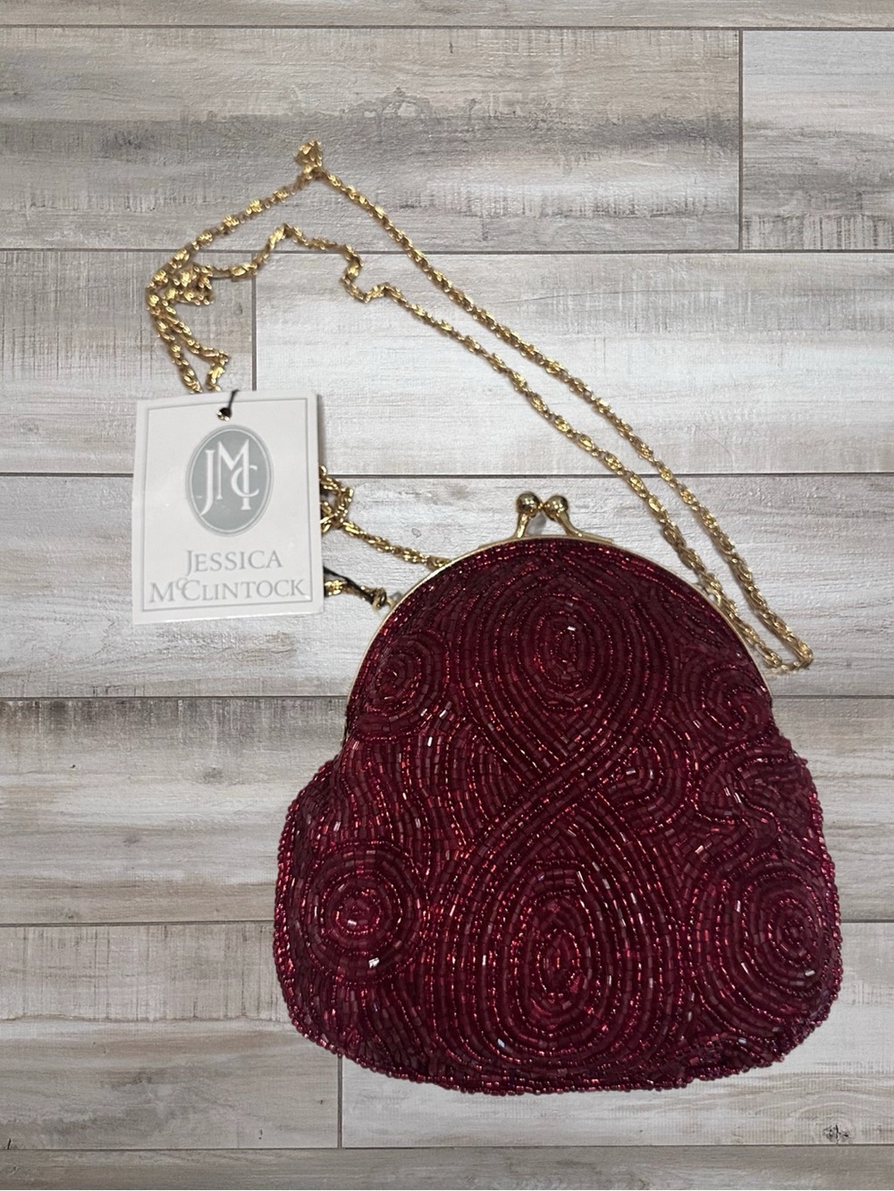 Jessica McClintock Burgundy Beaded Evening Clutch with Gold Chain